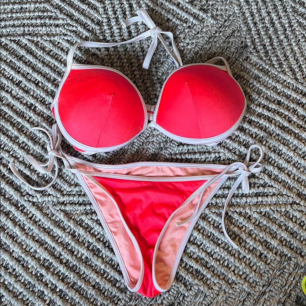 Red & Pink Padded Bikini Set with White Trim